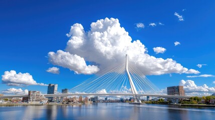 Obraz premium Modern Cable-Stayed Bridge Over Canal on Sunny Day
