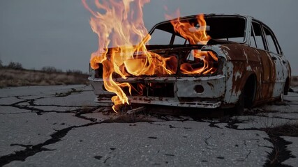 Burned-out rusty car engulfed in flames on cracked asphalt in desolate landscape. Industrial decay and abandonment concept - Powered by Adobe