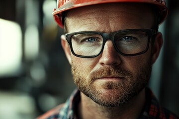 Close-up portrait of a bearded man wearing safety glasses and a hard hat. Ideal for construction, engineering, or industrial safety themes.