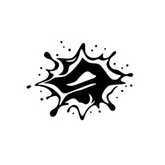 A black and white silhouette splash of lips, embodying bold lines, curves, and a striking contrast against a clean white background.