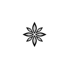 Minimalist Black and White illustration of a star shaped flower or logo against a white background.