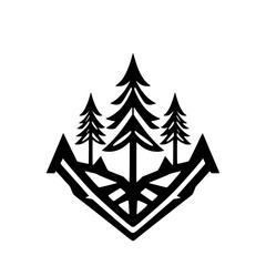 Fototapeta premium Silhouetted Pine Trees and Mountain Anchor on White Background, Geometric.