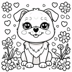 Fototapeta premium Adorable Smiling Dog Drawing for Kids Book Covers and Engaging Coloring Pages for Young Learners Educational and Creative Journey Drawing Illustration with Heart and Flowers