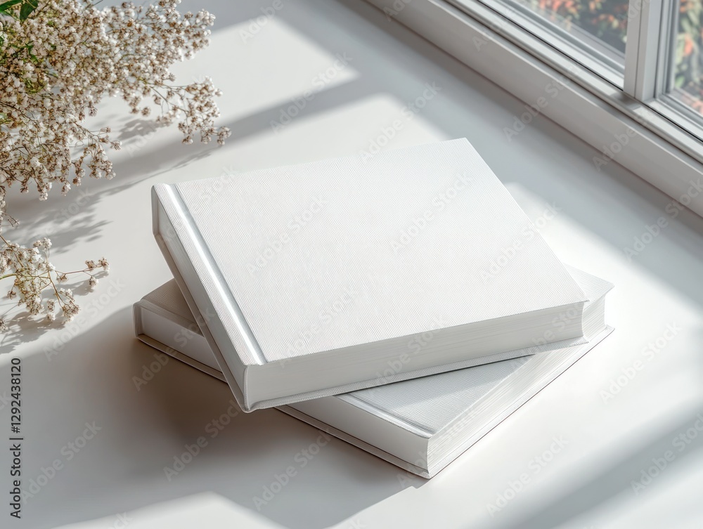 Poster minimalist composition of two stacked white blank books with textured covers in soft natural lightin