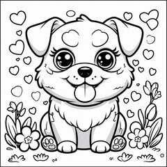 Obraz premium Adorable Smiling Dog Line Art Drawing for Fun Kids Books and Engaging Coloring Pages for Creative Young Learners Drawing Illustration with Heart and Flowers