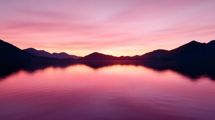 Fototapeta premium Beautiful Pink Sky Reflects On Water Near Dark Silhouette Mountains