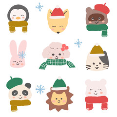 Webマフラーや帽子をかぶっておめかしした可愛い動物の冬アイコンセット　手書きの可愛いイラスト