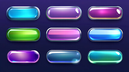 Heart Icon Game UI Set Of Long Futuristic Buttons Or Bars  Blue Purple Green Color With Silver Border Cute Colorful Cartoon Vector Design