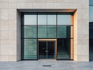 Modern Minimalist Shopfront with Large Reflective Windows and Stone Facade