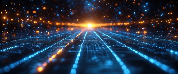 Digital Futuristic Cyberpunk Landscape with Blue Dot Patterns Dynamic Geometric Shapes and Neon Lights