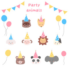 ポップな動物のバースデー素材　手書き　アナログ　ゆる可愛いイラスト