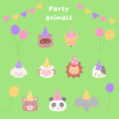 ポップな動物のバースデー素材　手書き　アナログ　ゆる可愛いイラスト