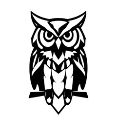 Owl Silhouette: Black and White Geometric Portrait of an Owl Perched on a branch.