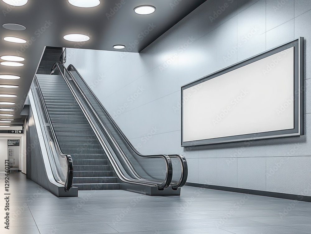 Poster modern indoor scene featuring escalator and blank advertisement board in public space