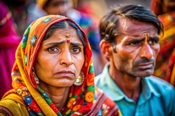 Obraz premium Doleful Woman Missing Parents, Vibrant Colorful Patterned Clothing, High Depth of Field