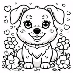 Playful Smiling Dog Line Art for Kids Books and Fun Interactive Coloring Pages to Spark Creativity in Young Learners Drawing Illustration with Heart and Flowers
