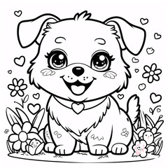 Playful Smiling Dog Line Art with Friendly Face for Kids Book Covers and Fun Interactive Coloring Pages to Spark Learning in Kids Drawing Illustration with Heart and Flowers