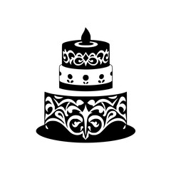 Elegant black and white wedding cake with decorative patterns, candle, and a simple, clean background.