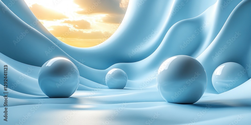 Poster three dimensional abstract spheres minimalist digital artwork with soft lighting and geometric shape