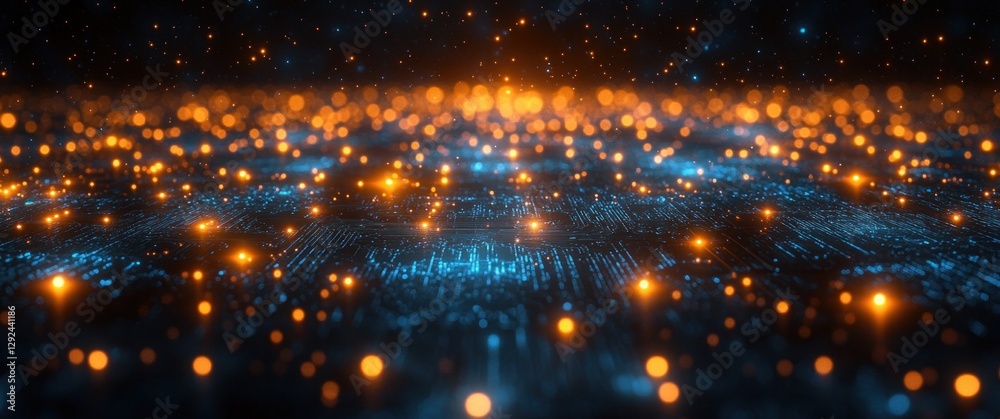 Poster Futuristic Abstract Technology Circuit Board Design with Geometric Shapes and Glowing Patterns on Blue Gradient Background