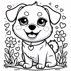 Obraz premium Sweet Puppy Line Art with Friendly Face for Kids Book Covers and Engaging Interactive Coloring Pages to Inspire Childrens Creativity Drawing Illustration with Heart and Flowers