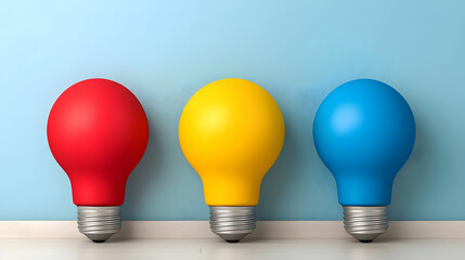 Colorful lightbulbs on white surface, blue wall background.  Ideas, innovation, creativity concept