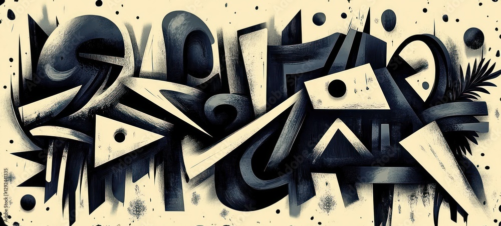 Poster bold black and white abstract tribal art pattern with geometric shapes and scribbles for fabric text