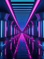 Futuristic neon tunnel with vibrant pink and blue glowing lights, reflective floor, symmetrical design, modern technology-inspired corridor perfect for sci-fi background

