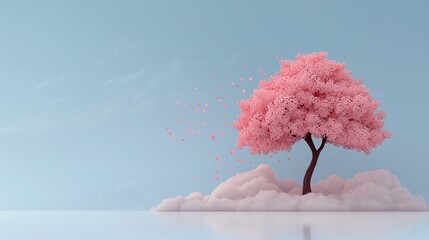 Pink tree on clouds, petals falling, pastel sky.