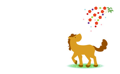 馬と餅花飾り（繭玉飾り）のシンプルな年賀状イラスト素材