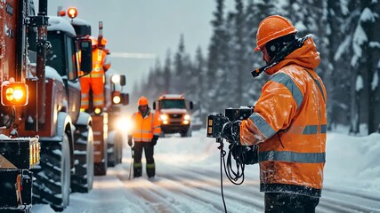 Snowy Road Maintenance: Coordinated Efforts Amidst Winter's Chill with Trucks and Workers Transitioning Seamlessly 