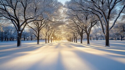 Snowy sunrise path, winter trees, park