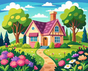 Fototapeta premium A cozy countryside cottage surrounded by a blooming flower garden.