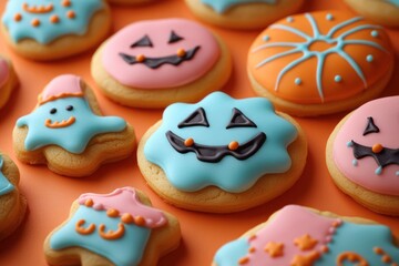 Obraz premium Halloween Cookie Frame with Ghosts Bats Jack o Lanterns and Candy Corn on Orange Background