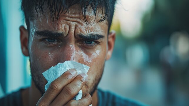 Close-Up of Sweaty Young Man Wiping Face with Tissue in Outdoor Setting