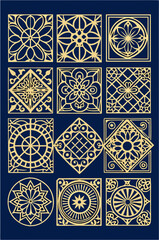Obraz premium A collection of geometric ornamental patterns with golden lines on a dark background
