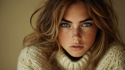 Close-up of Young Woman with Freckles Wearing Cozy Knit Sweater