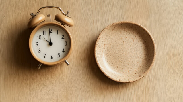 An empty plate on a cozy dining table, beside a clock marking fasting