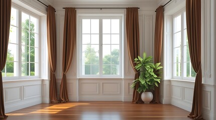 Fototapeta premium Elegant classic interior with tall windows, brown curtains, and a potted green plant, featuring natural light, wooden flooring, and white wall paneling, perfect for backgrounds or decor themes 