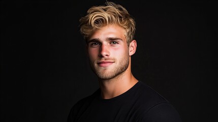 Obraz premium Portrait of a young, handsome man with blond hair against a black background. He is smiling subtly.