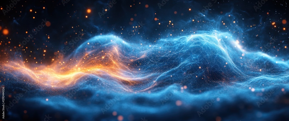 Aufkleber Futuristic Digital Abstract Art Blue Wave Patterns with Soft Glowing Lights and Interconnected Nodes in Technology Concept