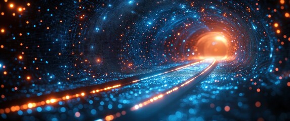 Futuristic Digital Landscape Cyberpunk Style Abstract Circuit Board Design with Geometric Shapes and Neon Lights