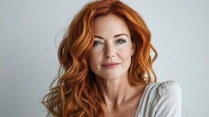Naklejka premium Confident Woman with Beautiful Red Hair Smiling in Minimalist Setting