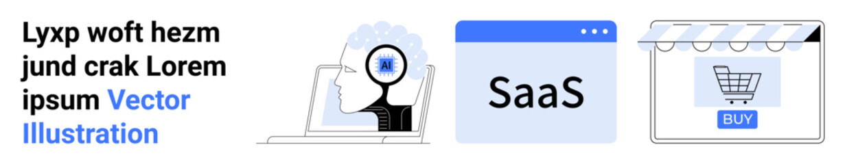 AI analyzing data on a laptop, SaaS platform window, and online store interface with a shopping cart. Ideal for technology, AI, SaaS, business, marketing, e-commerce flat landing page banner