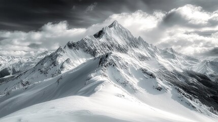 Winter Mountain Landscape with Snowy Peaks and Overcast Sky