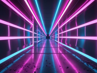 Futuristic neon-lit corridor with glowing pink and blue lights, creating a cyberpunk and sci-fi atmosphere, perfect for technology, gaming, and virtual reality themes

