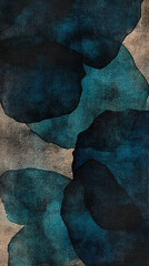 Abstract watercolor design featuring dark blue and teal shapes on a textured background
