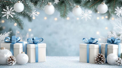 Merry Christmas 3d frame banner on green background decorated with luminous garlands, paper snowflakes, white baubles and wrapped gift boxes with blue ribbons. Festive winter holiday design.