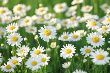 Obraz premium Daisies bloom vibrantly in a lush green field during springtime, creating a picturesque and serene natural landscape