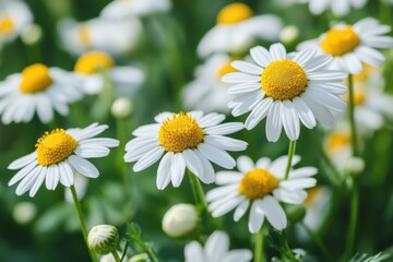 Obraz premium Vibrant white daisies blooming in a sunny garden during springtime showcasing their natural beauty and lush green surroundings